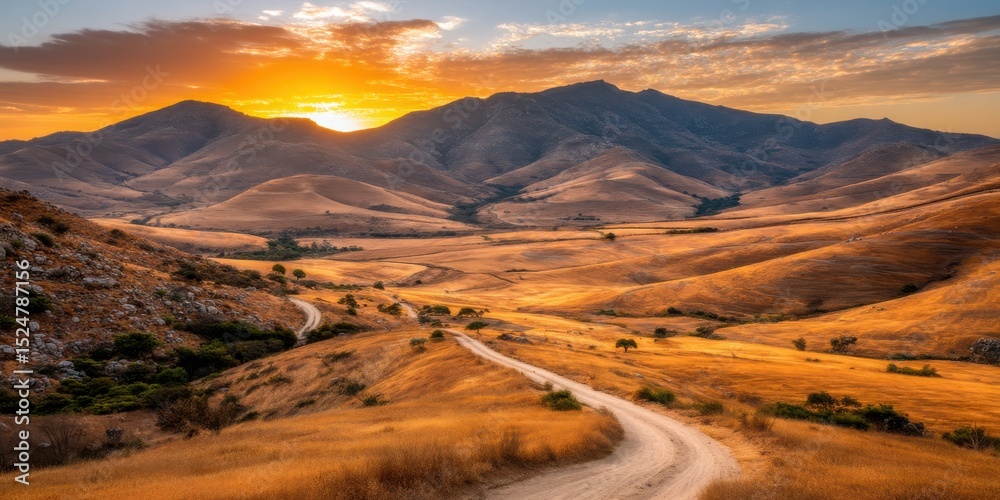 Fototapeta premium Breathtaking Aerial Panoramic Serene Golden Sunrise Landscape Concept. Majestic Sunset Over Rolling Hills and Winding Dirt Road in a Serene Landscape