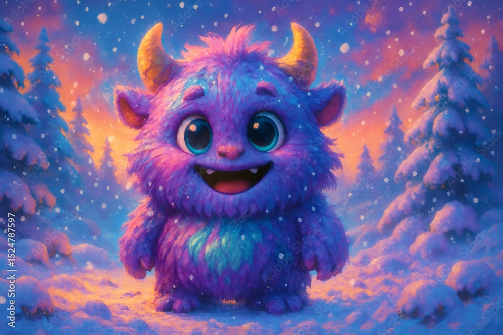 Fototapeta premium Cute furry purple monster enjoying snowfall in a magical winter wonderland