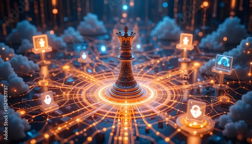 Digital Strategy Concept with Chess Piece and Cloud Computing Network