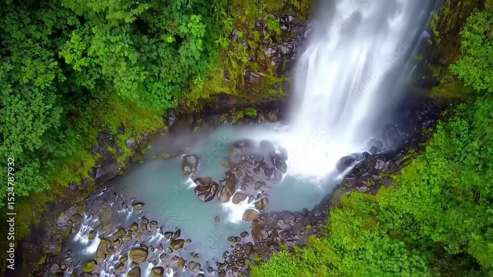 Aerial View of Breathtaking Waterfall Scenery Flowing Into River in Jungle