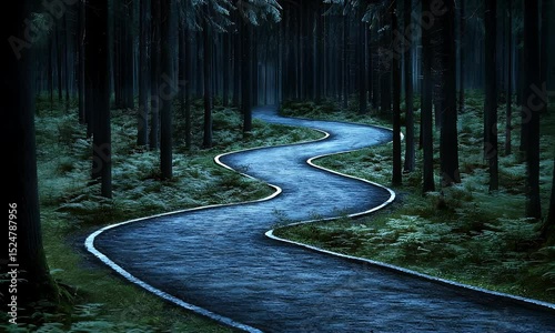 Winding road through dark mysterious forest