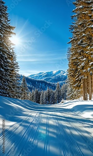 Winter forest path with snow covered trees