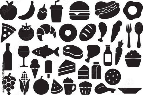 Assorted Food Icon Set: Comprehensive black and white icon set featuring a diverse range of food items from fruits and vegetables to fast food.