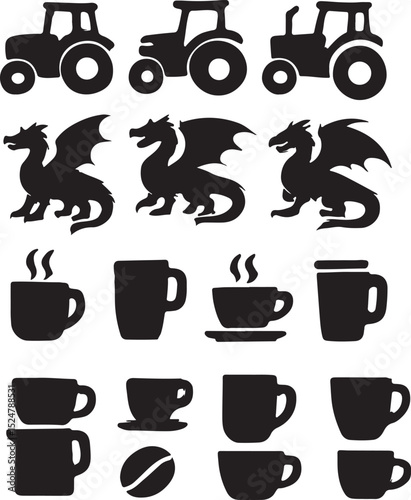 Silhouette Variety: A diverse collection of black silhouettes, including tractors, mythical dragons, and various styles of coffee mugs, creating a visually dynamic scene. 