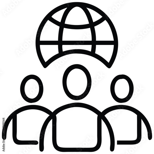 Global Teamwork Outline of People with Globe Icon for Collaboration and Connectivity