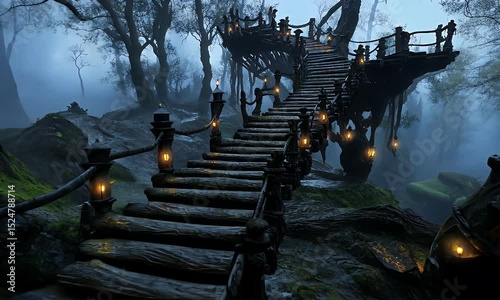Wooden staircase bridge pathway in misty forest