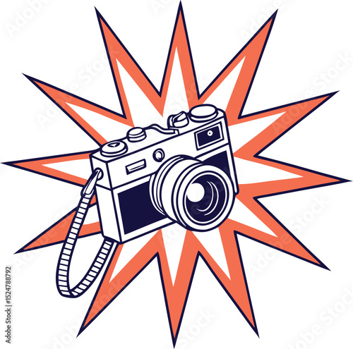 Vintage camera with starburst graphic design element