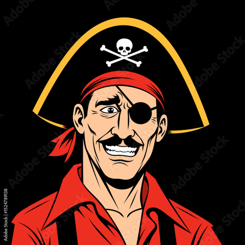 Smiling cartoon pirate with eyepatch wearing a hat