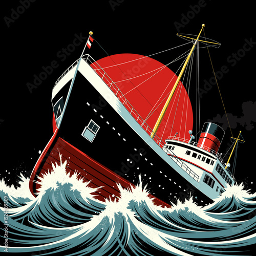 Vintage ship sailing through turbulent waves against dark background