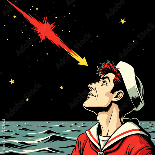 Sailor looking up at shooting star over ocean