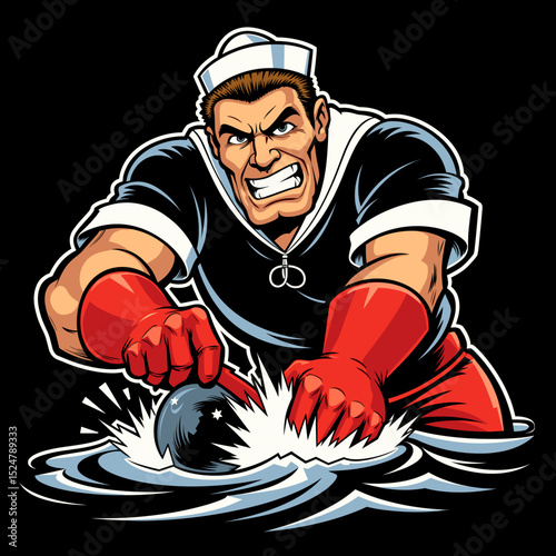 Angry sailor preparing to punch down a bomb in the water