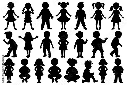 Silhouette outline of children boys and girls isolated on transparent background