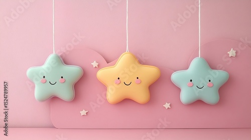 Three cheerful, cartoon stars hanging on pastel pink