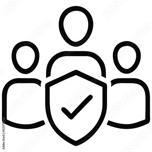 Group Security Icon Team Protected by Shield with Tick Symbol, People Protection