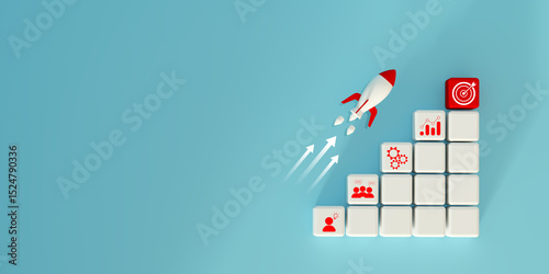3D rendering of rocket launching upward with arrows and success icons on white blocks, symbolizing business progress, growth, and development, set against a bright blue background for modern concepts.