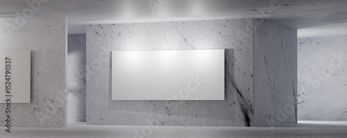 3D render of industrial style concrete room with a blank white banner, minimalist interior design, soft ambient lighting, geometric structure. Perfect for architecture, backgrounds, branding visuals.
