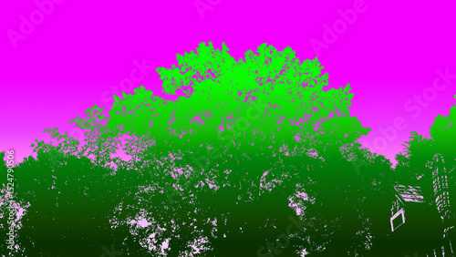 An abstract landscape featuring green trees with a gradient from bright to dark