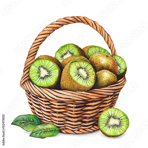 Kiwi Fruit Basket, watercolor painting vector, high quality, isolated on a white background.