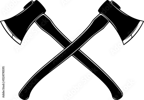 Two crossed black axes with sharp, curved blades and long wooden handles