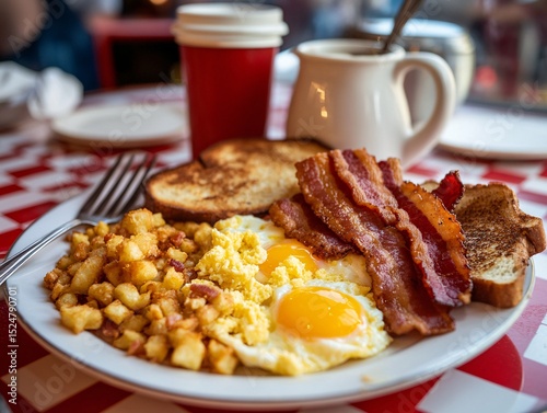 Delicious classic american diner breakfast with eggs bacon and toast urban setting food photography morning vibe