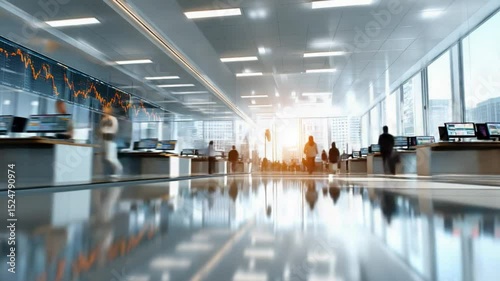 Wallpaper Mural Modern Office Dynamics: A wide shot showcases a contemporary office, with blurred figures of employees navigating the space. Sun streams through large windows, reflecting off polished surfaces. Torontodigital.ca