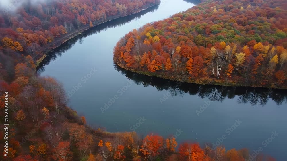 Aerial view of winding river in autumn forest with colorful foliage trees
