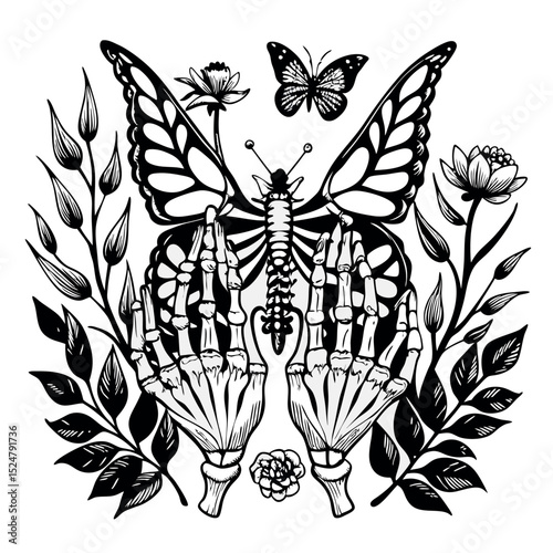Butterfly and Skeletal Hands with Floral Botanical Elements in Black and White Style