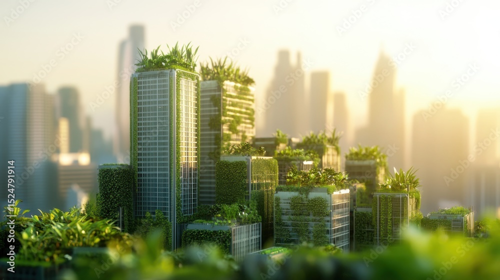 Obraz premium Futuristic cityscape with green rooftops and integrated vertical farms, symbolizing urban agriculture
