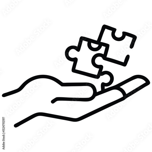Hand Offering Solution Two Jigsaw Puzzle Pieces, Minimalist Line Art Design Concept