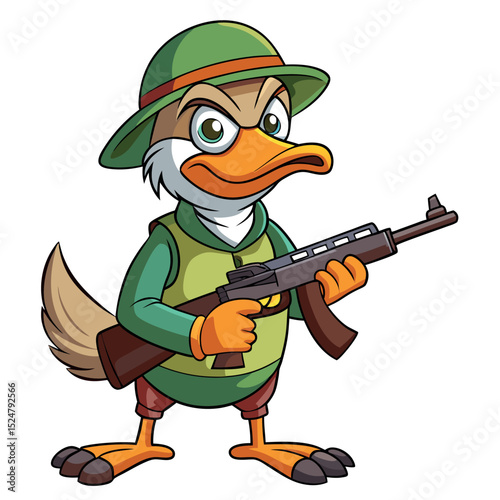Cartoon Angry Duck Holding Assault Rifle Wearing a Green Bucket Hat and Vest