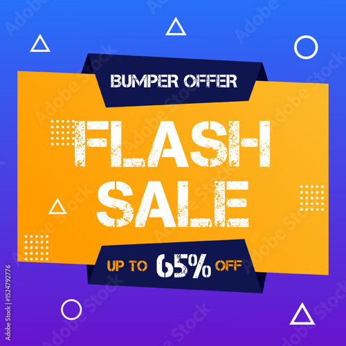 Flash Sale in Blue and purple Gradient Banner with up to 65% off. Vector illustration. Flash Sale Banner With lots of bumper offer.