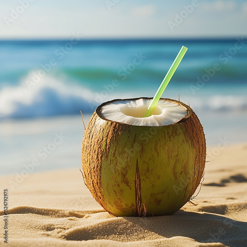 A tropical coconut cocktail rests in the sand, garnished with a straw and fruit slice, under the warm sun. Waves crash nearby, capturing the perfect beachside paradise vibe.


