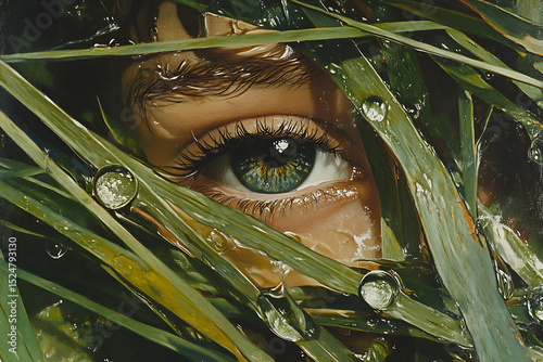 A woman's face, surreal and close-up, with water streaking down like tears, reflects the green of a leaf, creating an abstract, unsettling gaze