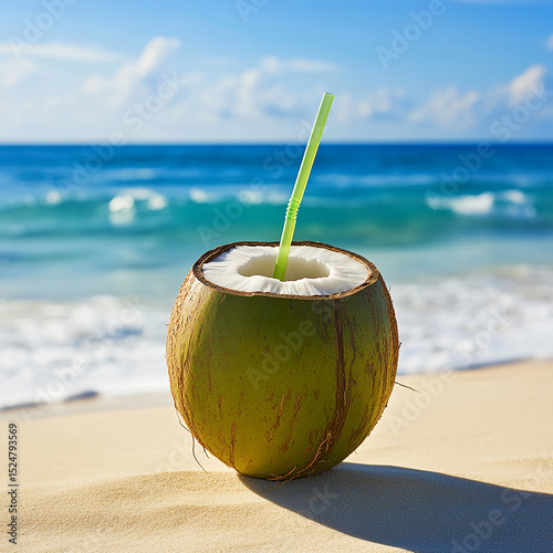 A tropical coconut cocktail rests in the sand, garnished with a straw and fruit slice, under the warm sun. Waves crash nearby, capturing the perfect beachside paradise vibe.

