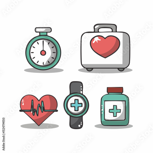 Healthcare Icons Stopwatch, First Aid Kit, Heart Rate Monitor, Medicine Bottle, and Fitness Tracker