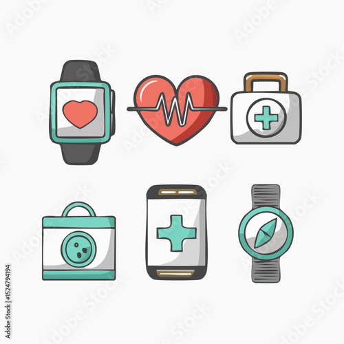 Health and Fitness Tracking Smartwatch, Heart Rate Monitor, and First Aid Icons
