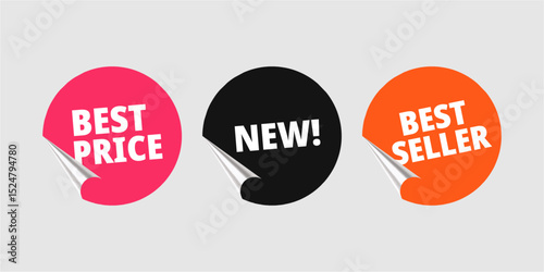 Collection of round promotional sale stickers with curled corner design. Includes labels such as "Best Price", "New!", and "Best Seller". Ideal for e-commerce, digital marketing, online shops, and ret