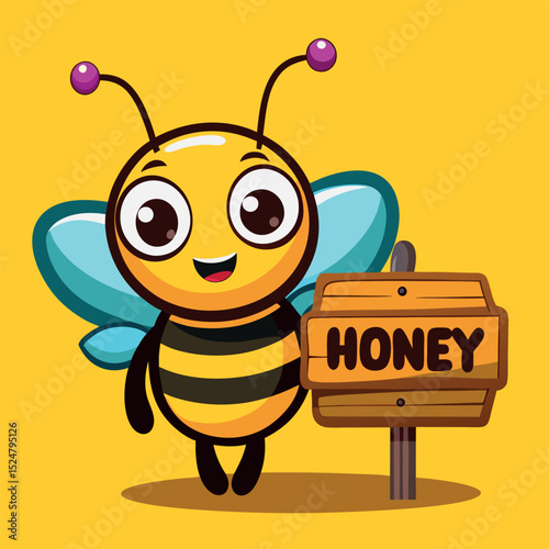 Cartoon Bee with Honey Sign on Yellow Background Cute Vector Illustration