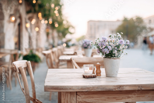charming europeanstyle outdoor caf featuring rustic wooden tables and chairs adorned with delicate flowers photo
