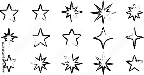 Grunge star shape sketch icons in black outline style showing multiple spiked star and sparkle variations for rating, effect, or decoration