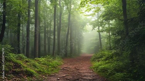 A forest path with a foggy mist in the air. The trees are tall and green, and the path is covered in leaves and dirt. The atmosphere is calm and peaceful, with the mist adding a sense of mystery