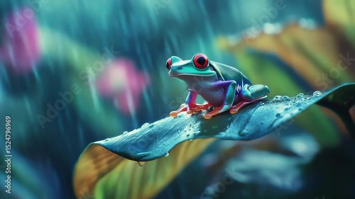 A frog is sitting on a leaf in the rain. The frog is green and red
