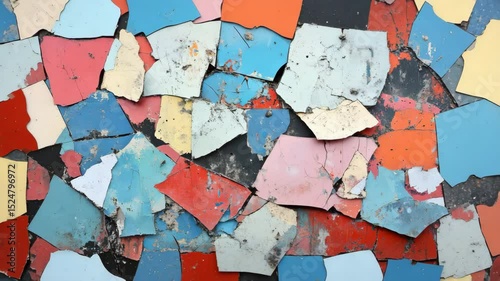 A wall with a lot of different colored pieces of paper on it. The wall is very colorful and has a lot of different shapes and sizes