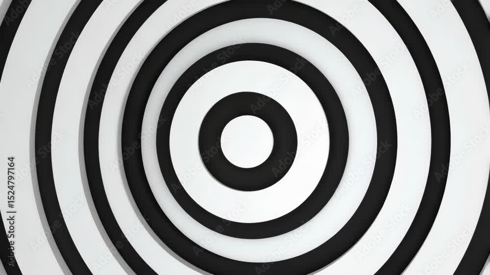 Abstract concentric rings pattern forming an optical illusion with dynamic black and white contrasting color effect on surface.