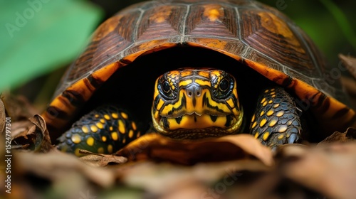 A beautiful turtle peering from under its protective shell photo