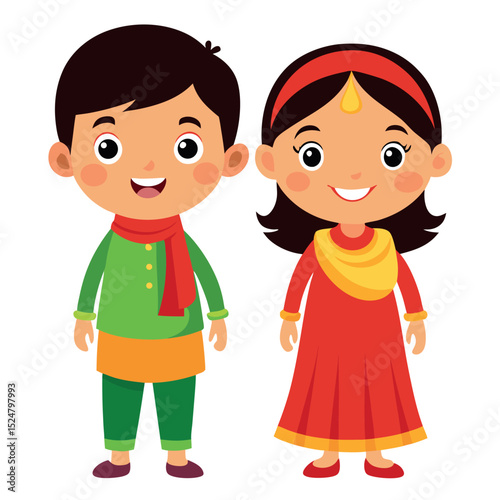 Cartoon Children in Traditional Indian Clothing Celebrating Cultural Festival Illustration Artwork