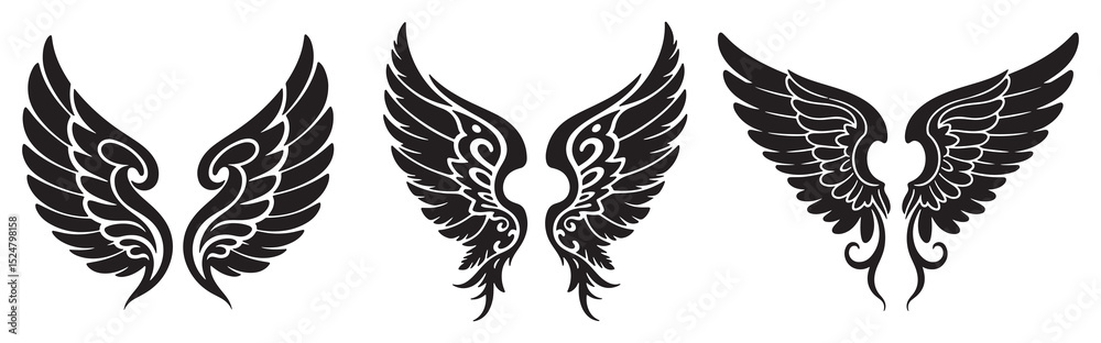 Fototapeta premium Wheat ears and flying bird wings vector silhouette illustration set