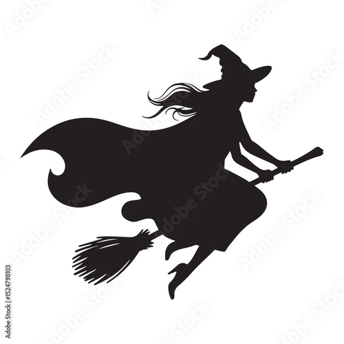 Witch flying on broom with hat and Halloween cartoon silhouette illustration