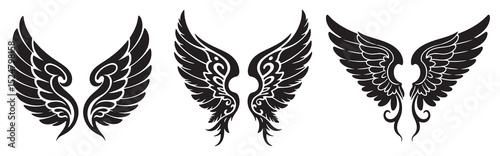 Wheat ears and flying bird wings vector silhouette illustration set