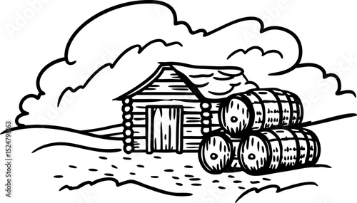 Rustic barn with wooden logs stacked outside, countryside landscape with clouds, rural agricultural scene